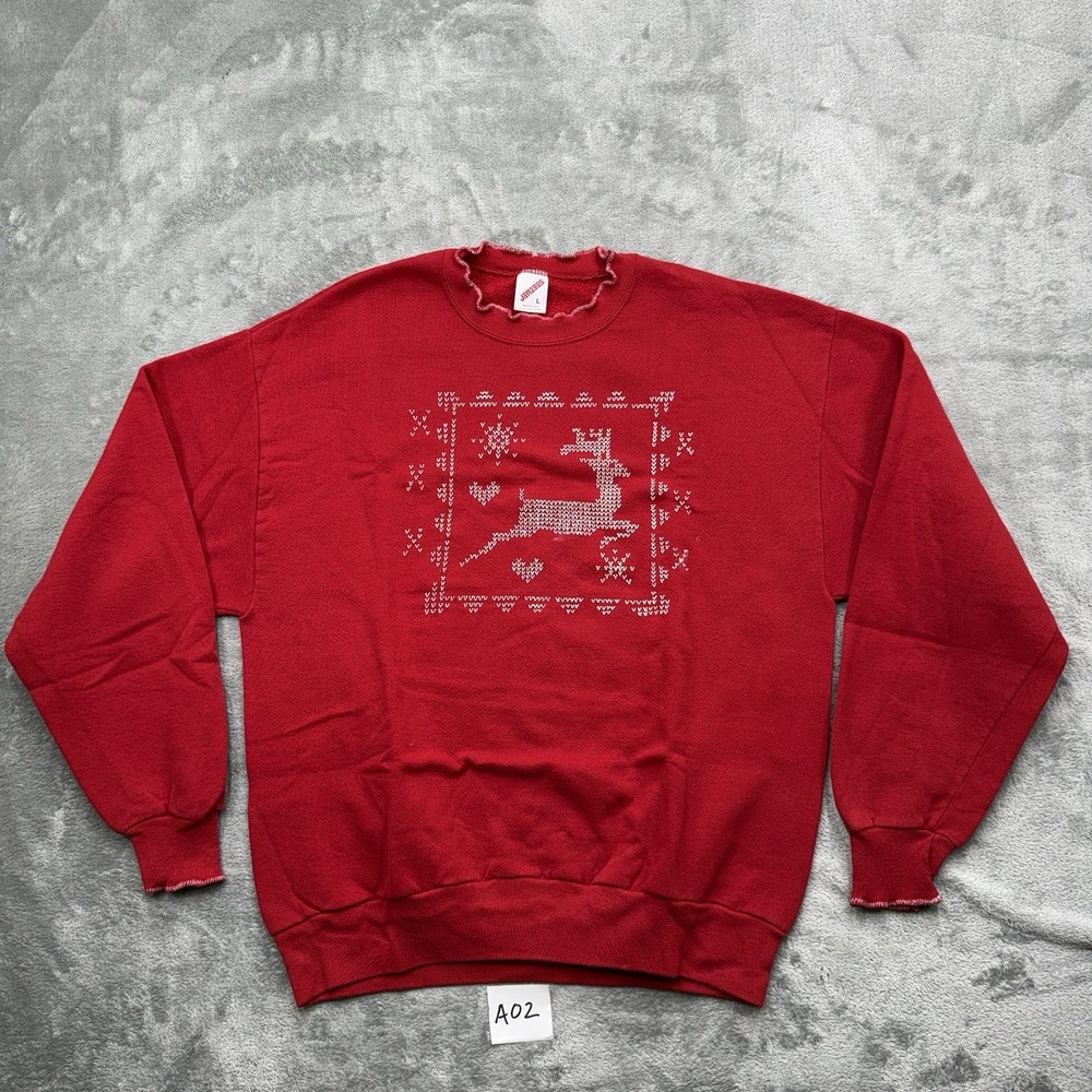 Vintage JERZEES Floral Patterned Made in USA Red Christmas Sweatshirt Size Large
